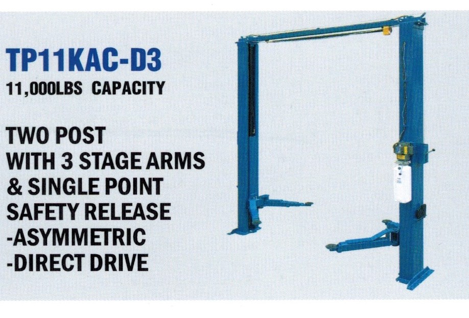 11,000 LB. Two Post Direct Drive Clear Floor Asymmetric Lift