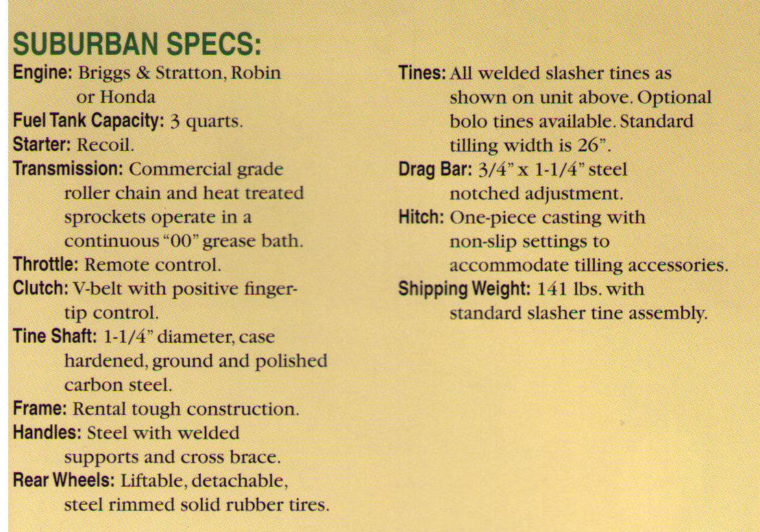 Features/Specifications Suburban Model Merry Tiller