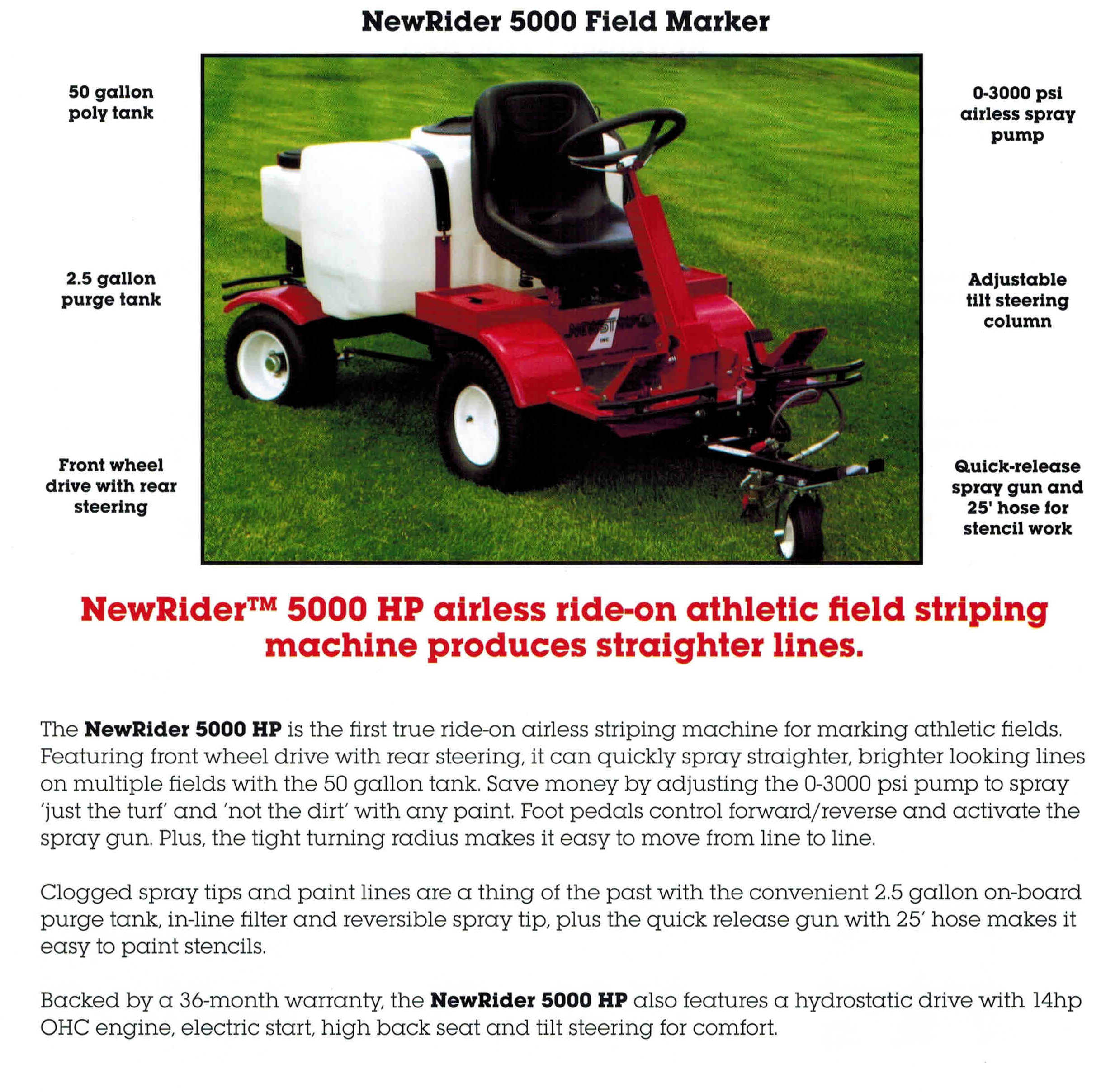 Features NewRider 5000 Ride-On, Self-Propelled Airless Athletic Field Striping Machine