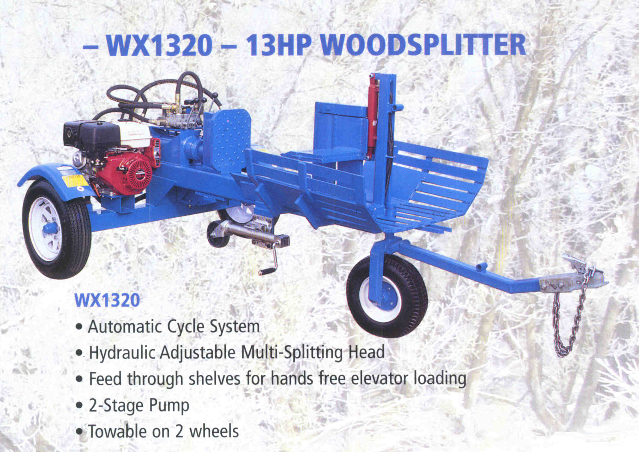 Trailer Mounted Logsplitter With 4-Way Wedge And Feed Through Shelves