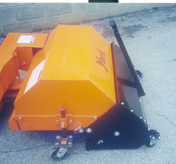 Optional Steel Debris Hopper With Caster Wheels Available For Model YBWB Sweeper - The Hopper Is The Section Shown In Black In This Photo